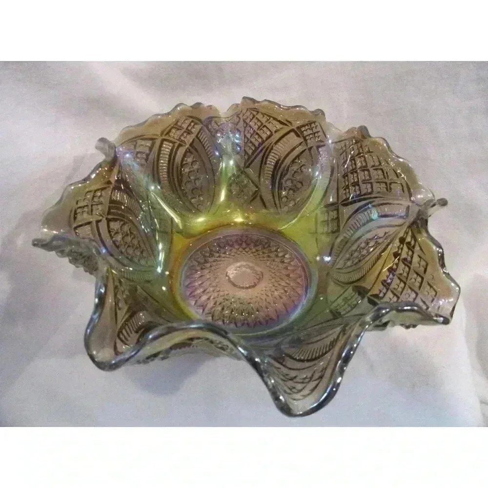 Imperial Glass Smoke‎ Diamond Ring Ruffled Carnival Glass Bowl,
